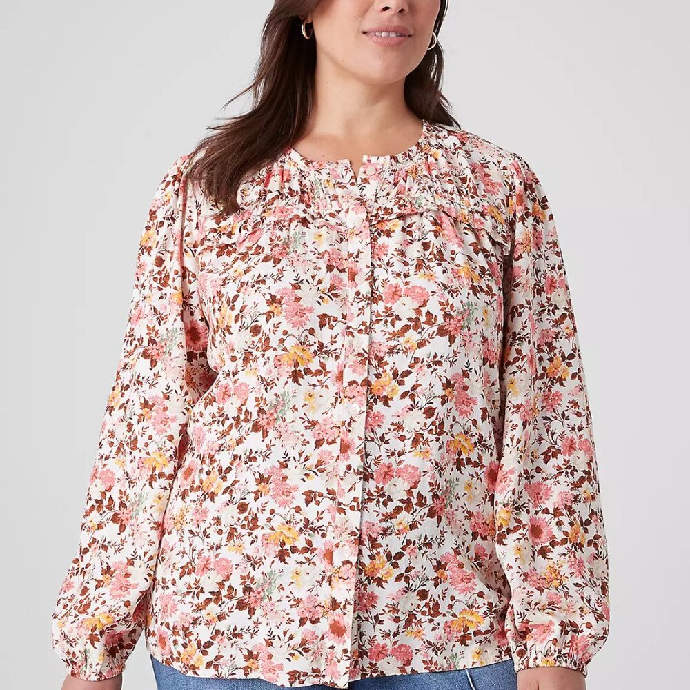 Lane Bryant Light Pink Floral Long-Sleeve Flounce Button-Down Shirt in Size 18
